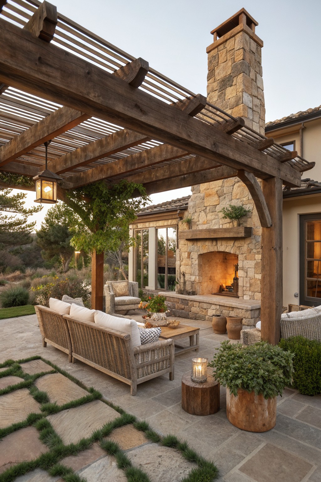 A wooden pergola covers a stone outdoor fireplace on a patio with wicker seating and potted plants.