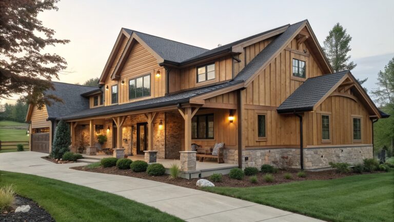 A two-story wooden farmhouse with vertical light wood siding, stone accents on the lower walls, a covered porch, dark-framed windows, and stone steps at the entrance.