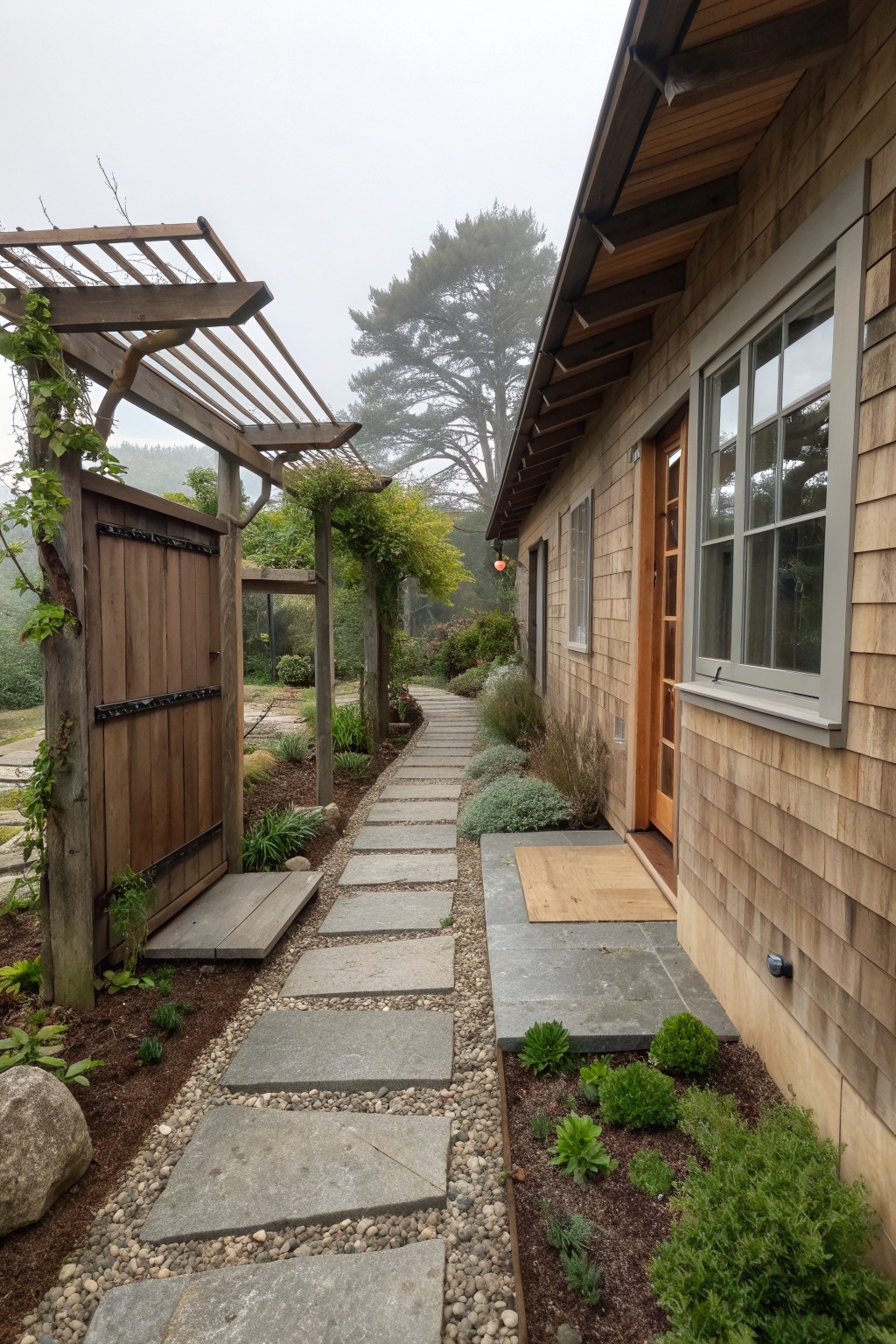 A side view of a wood-shingled house with a stone paver path set in gravel leading to a wooden door, next to a wooden pergola and gate.