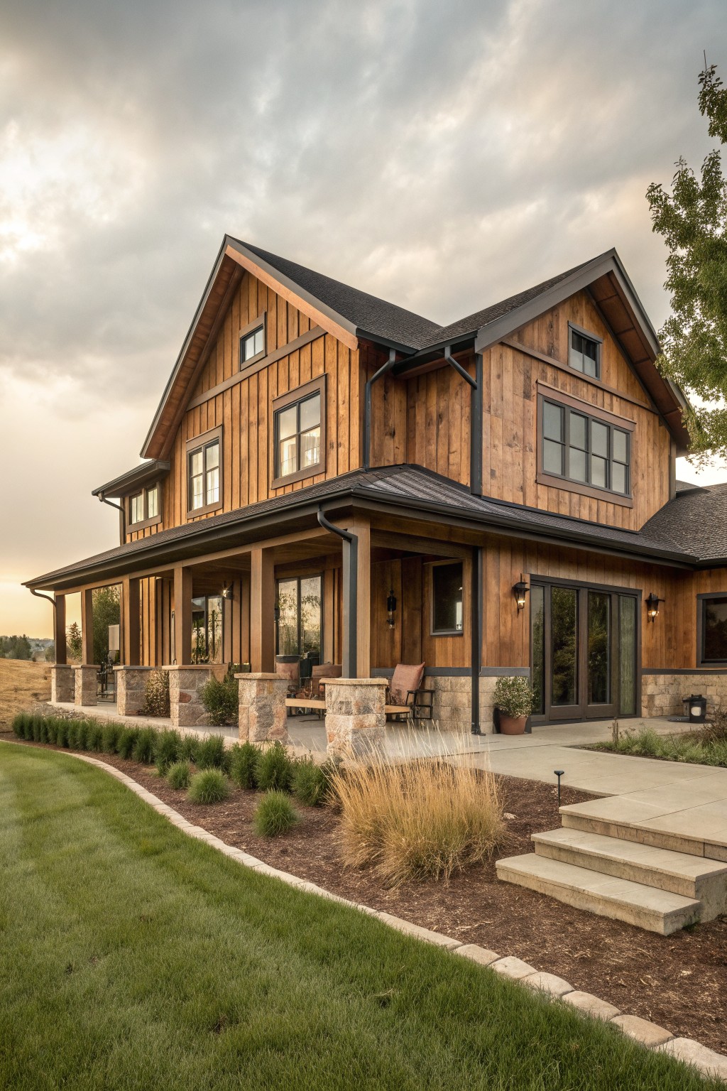 A two-story wooden farmhouse with horizontal siding, a covered porch supported by stone columns, and large windows.