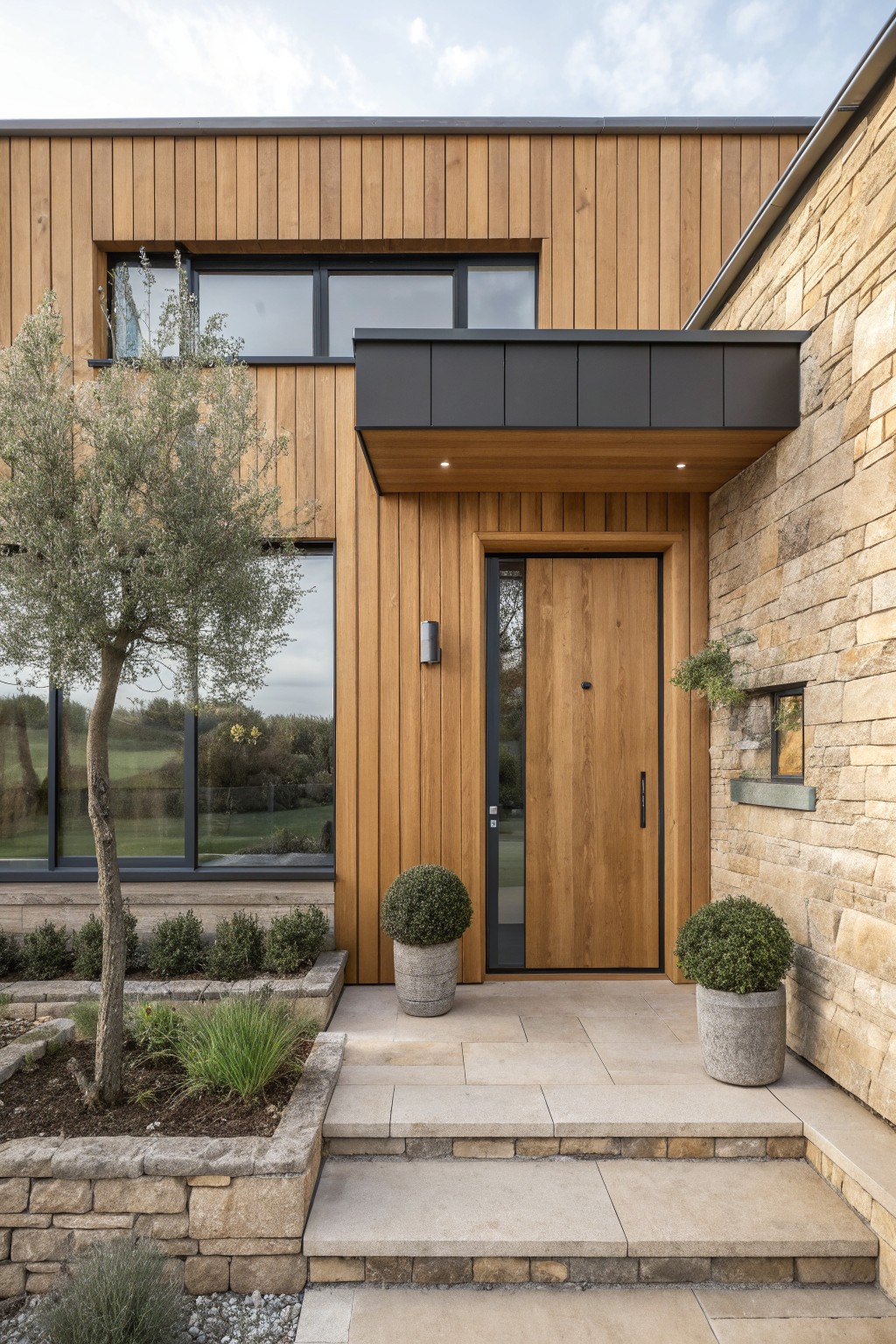 Front entrance of a modern house showing horizontal wood siding, a wooden door under a dark overhang, and stone walls on the right side with two potted shrubs.