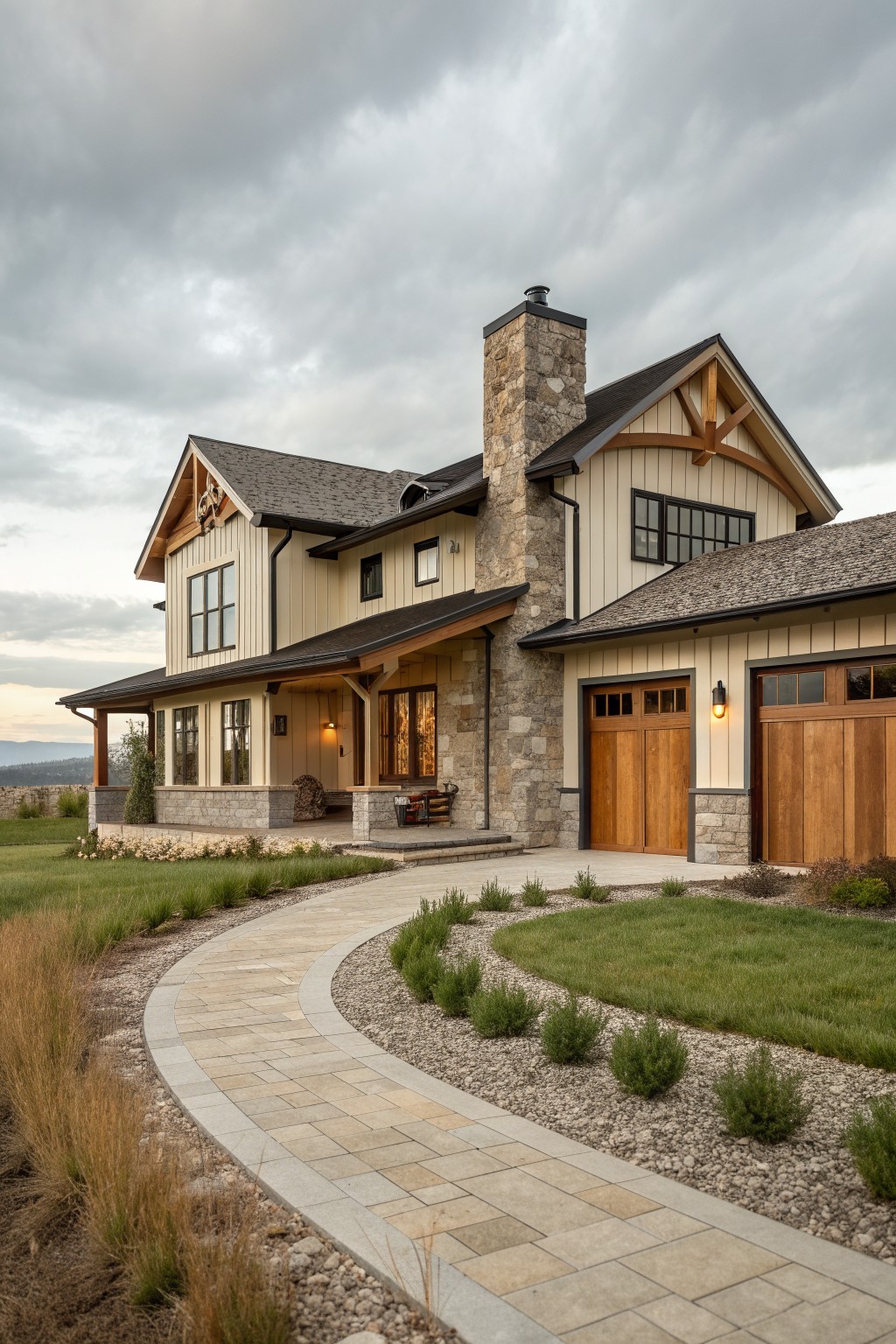A large two-story farmhouse with a tall stone chimney, wood gable accents, light siding, and two wooden garage doors.