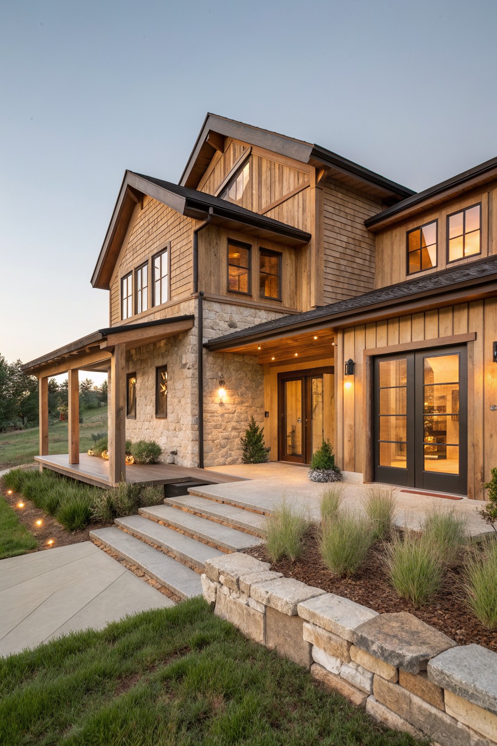 A two-story wooden farmhouse with stone accents, dark trim, a covered porch, and concrete steps leading to double doors.