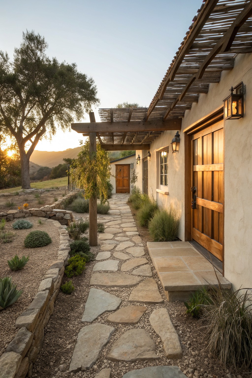 Stone pathway under wooden pergola leads to stucco house with wooden door at sunset.