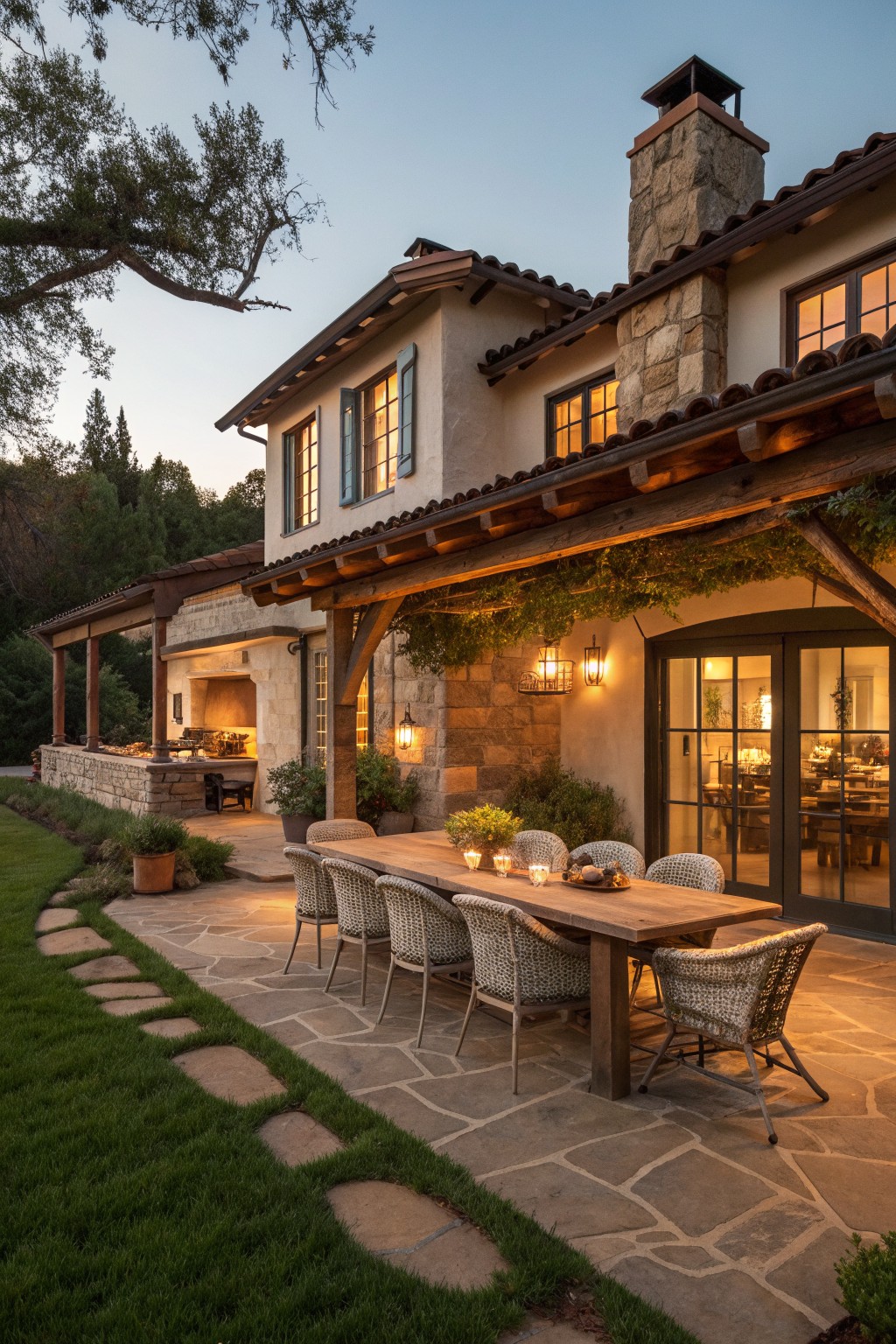 Elegant stone patio with long wooden dining table and woven chairs at dusk