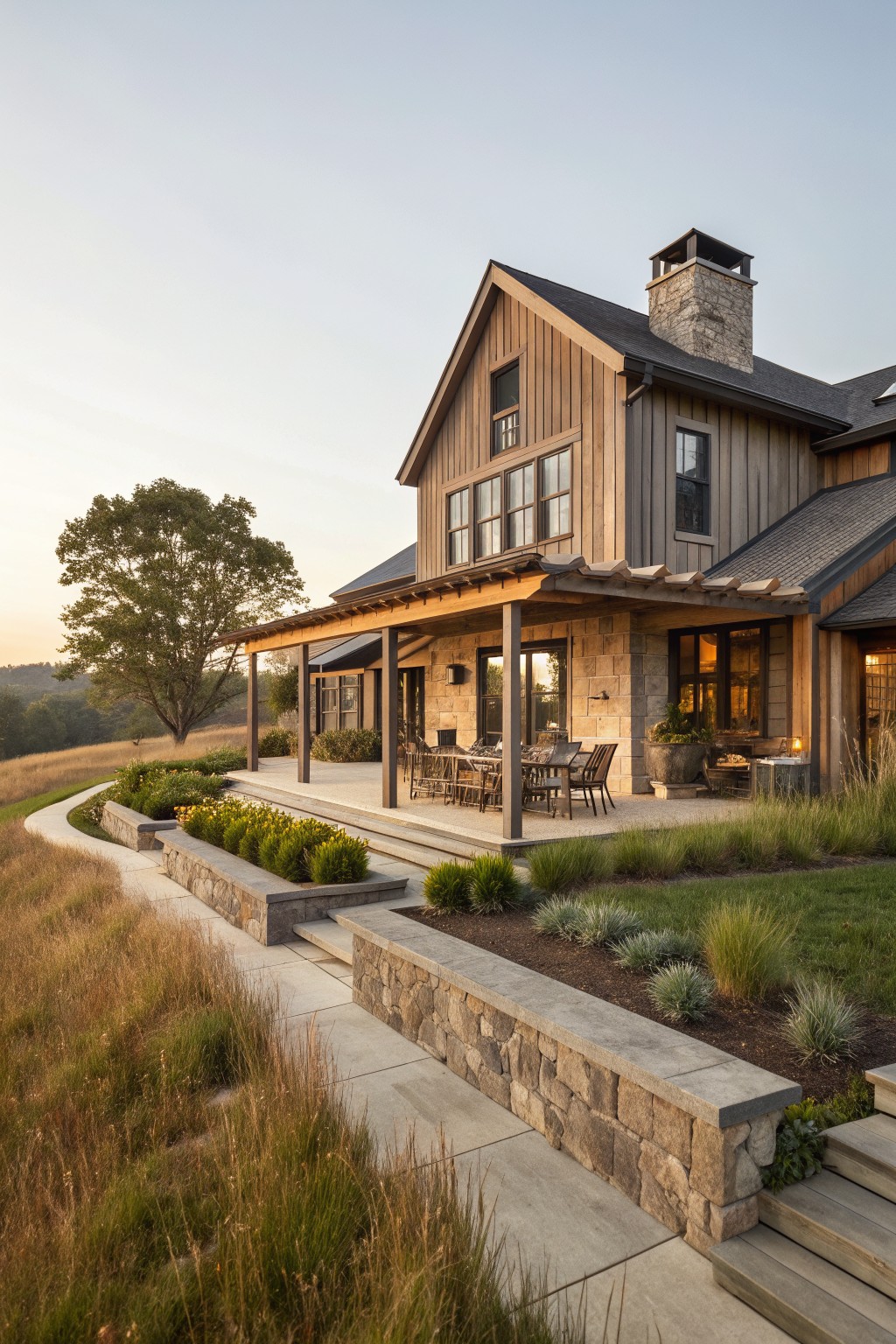 A two-story house with vertical wood siding, stone walls, a covered porch with seating, and stone retaining walls in the foreground.