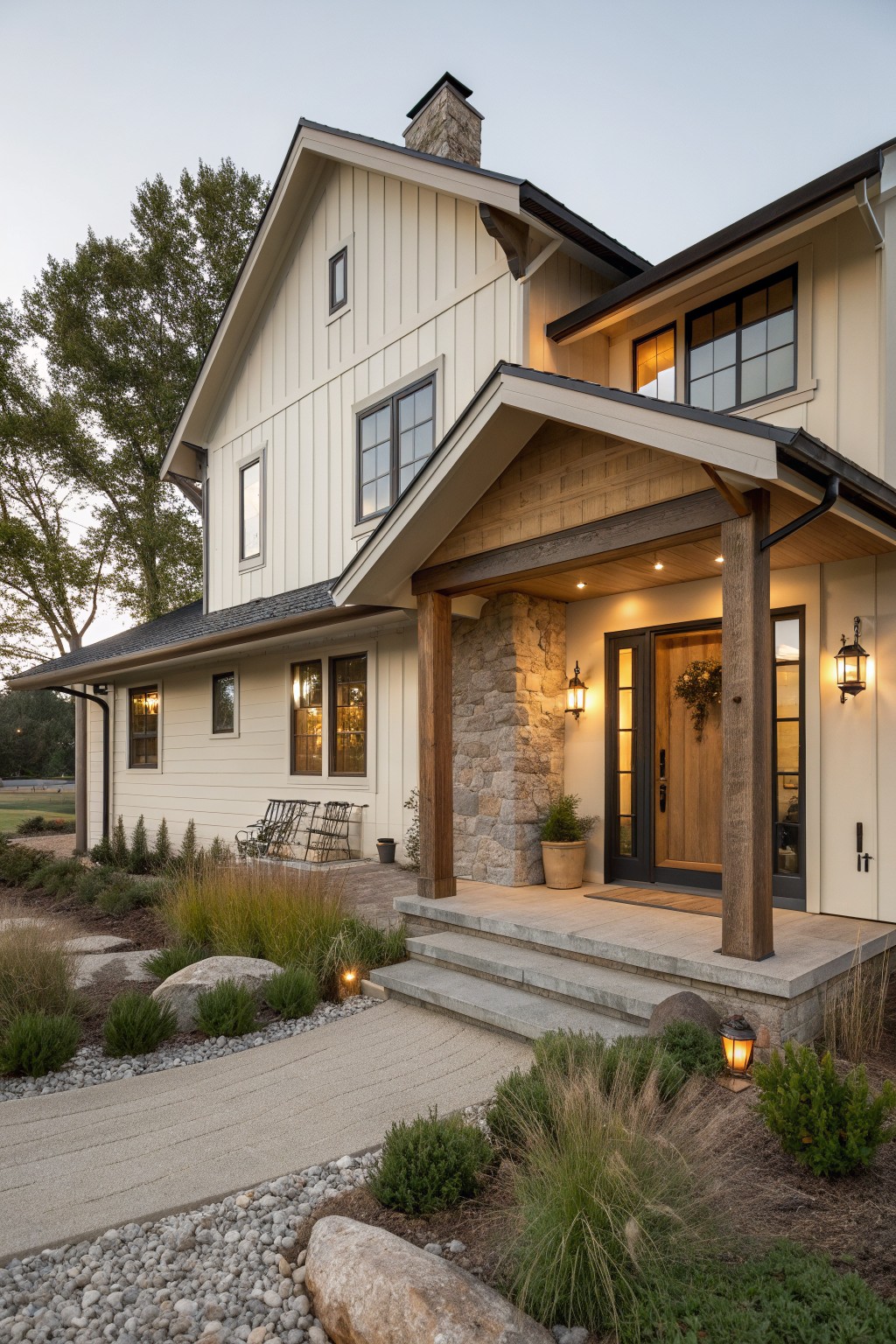 A two-story cream farmhouse with a gabled entry porch supported by thick wood posts on a stone base, black-framed windows, and a wooden front door.