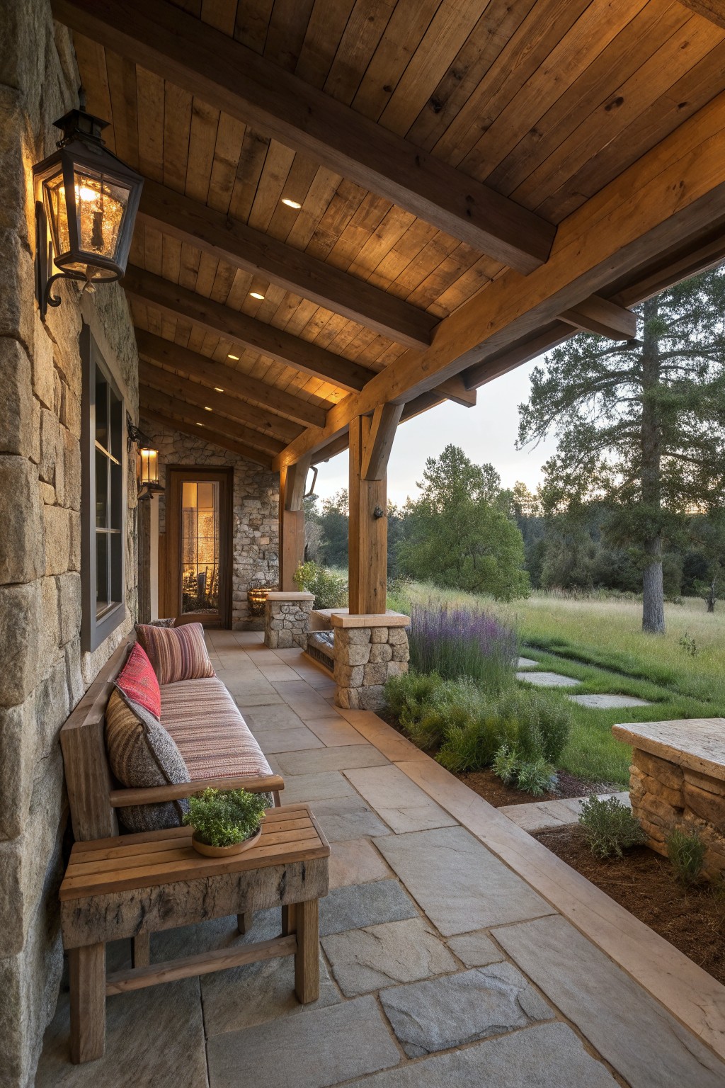 A covered stone and timber porch with a wooden bench, cushions, and a lantern mounted on the wall, opening to a grassy field and trees.