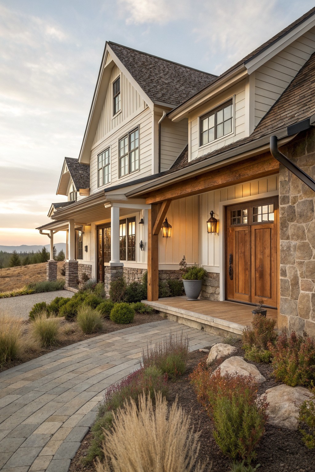 A large two-story farmhouse exterior featuring white siding, stone foundation, exposed wooden porch beams, and a wooden double-door entry.