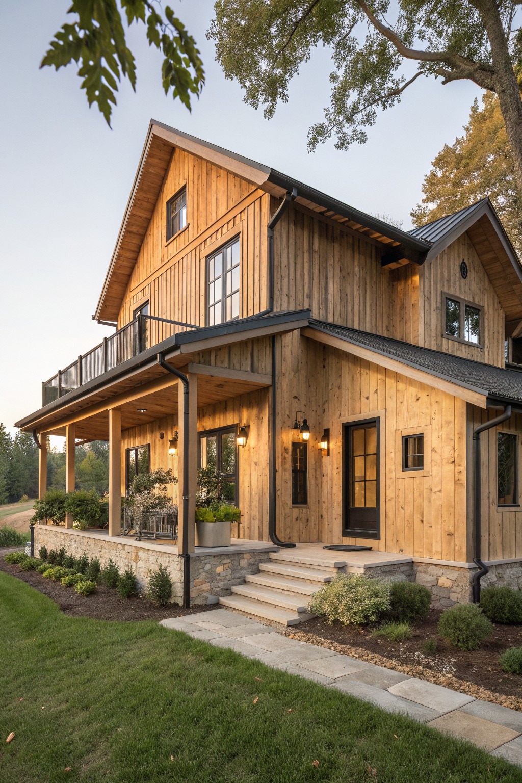 A two-story house with light brown wood siding, a stone foundation, gabled roofs, and a covered front porch with steps.