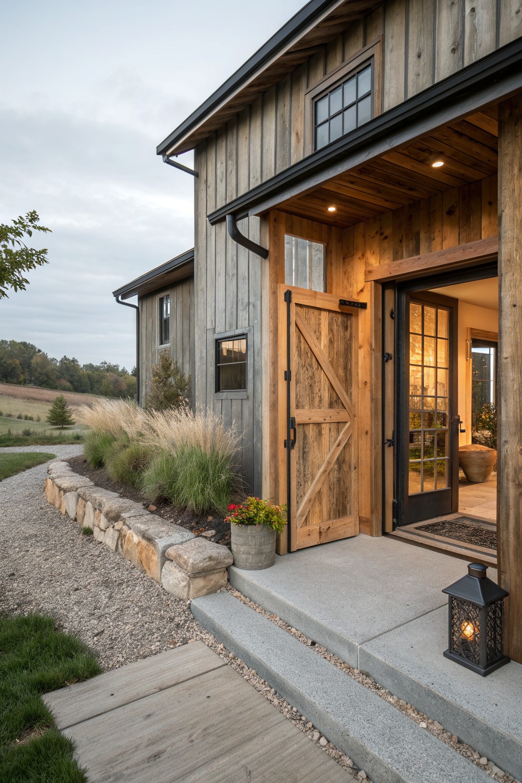 Rustic wooden barn door entrance to farmhouse with stone steps and lantern.