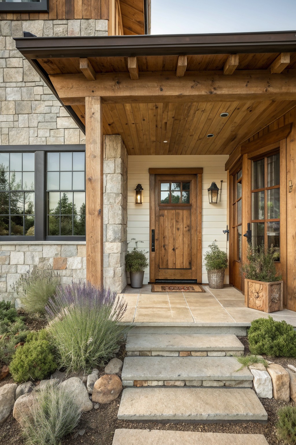 Front entry of a house featuring wooden beams, a stone pillar, a wooden door with glass panels, stone steps, and potted plants on a tiled porch.