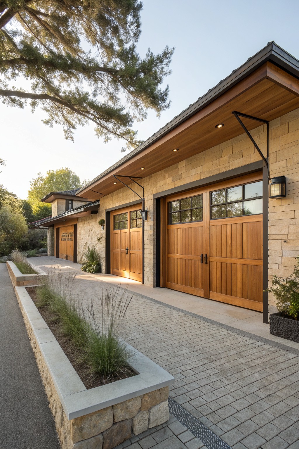 Modern home with wooden garage doors, stone walls, and landscaped brick driveway.