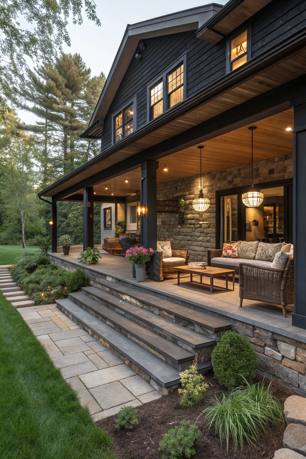 A black ranch house with a wide covered porch, wicker seating, pendant lights, stone steps, and landscaping along a stone path.