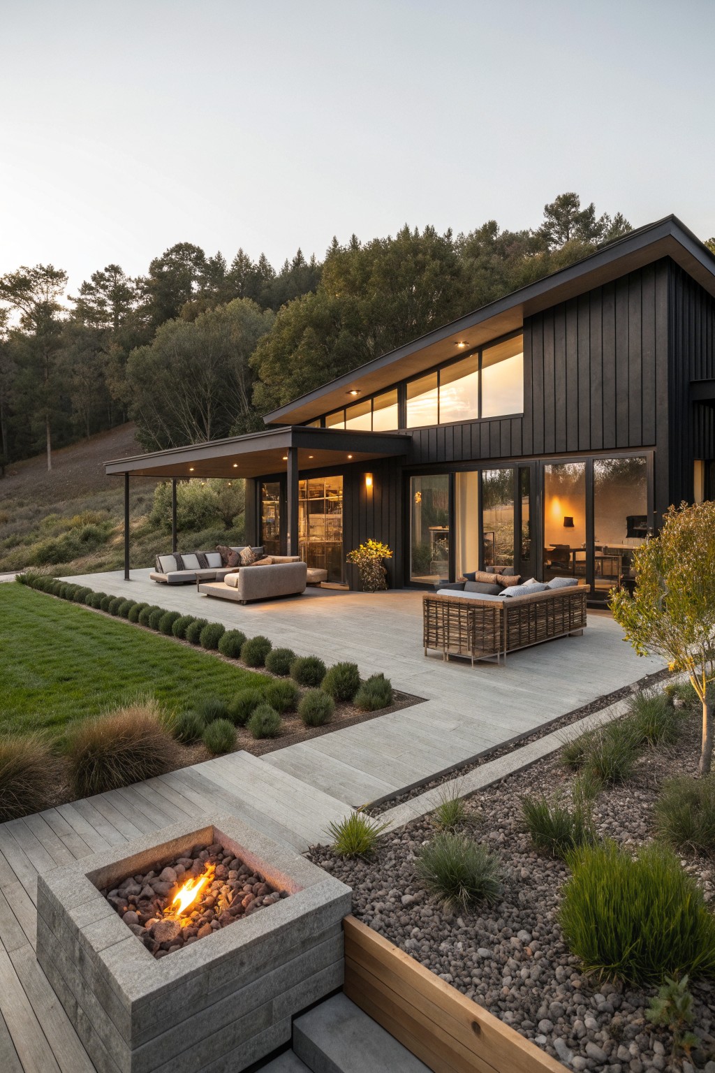 A modern black ranch house with a large concrete patio, multiple seating areas, a square stone fire pit, and gravel landscaping with low plants.