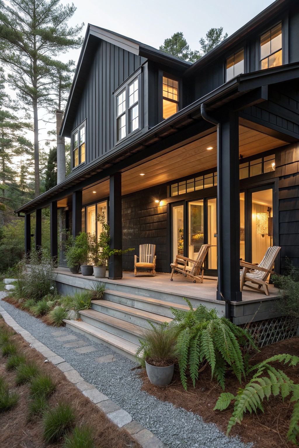 Modern black house with wooden porch, Adirondack chairs, ferns, and gravel path