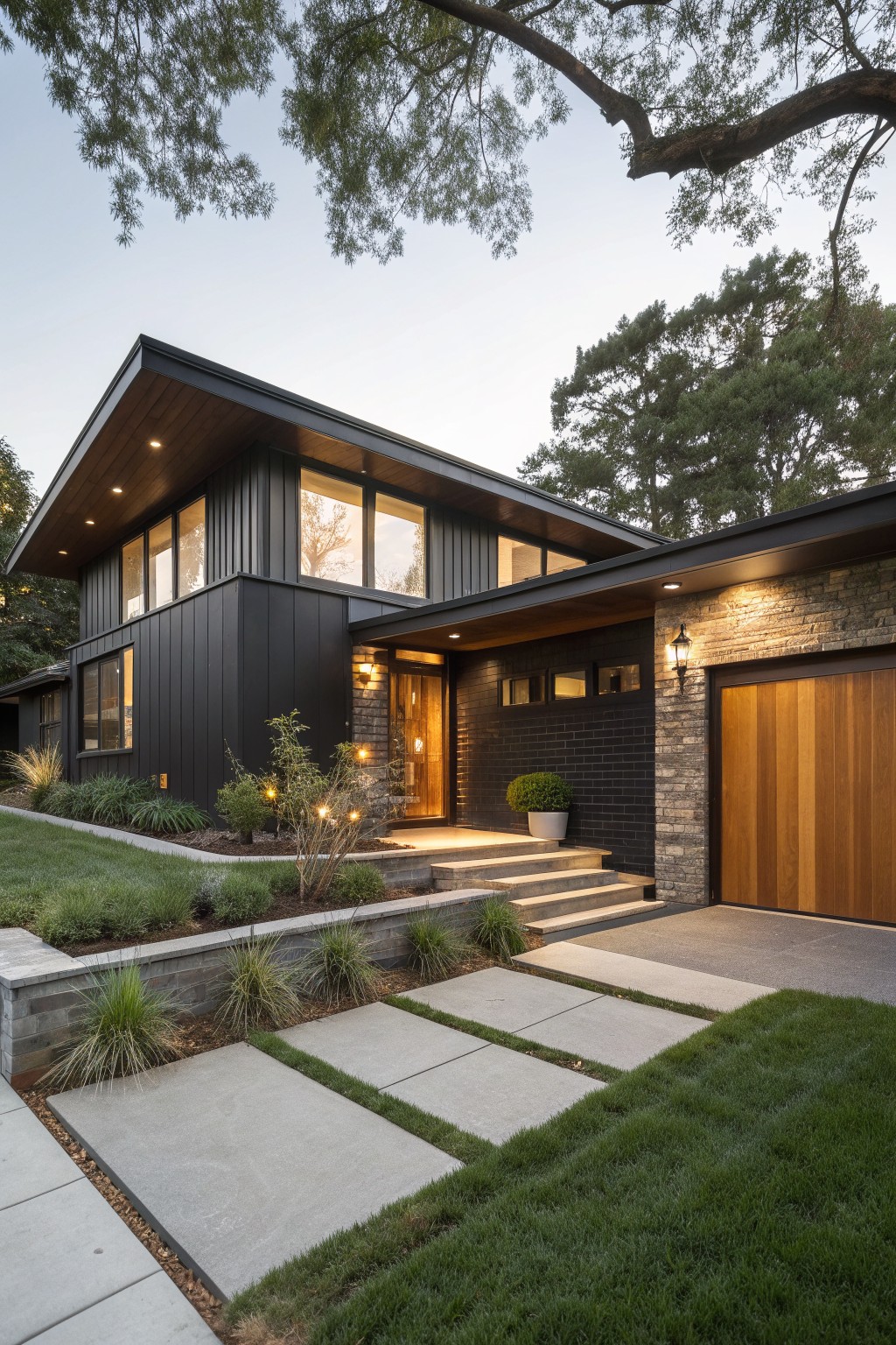 A modern black ranch house with vertical siding, large windows, a wooden garage door on the right, stone accents around the entry and garage, concrete steps, and a pathway with grass strips.