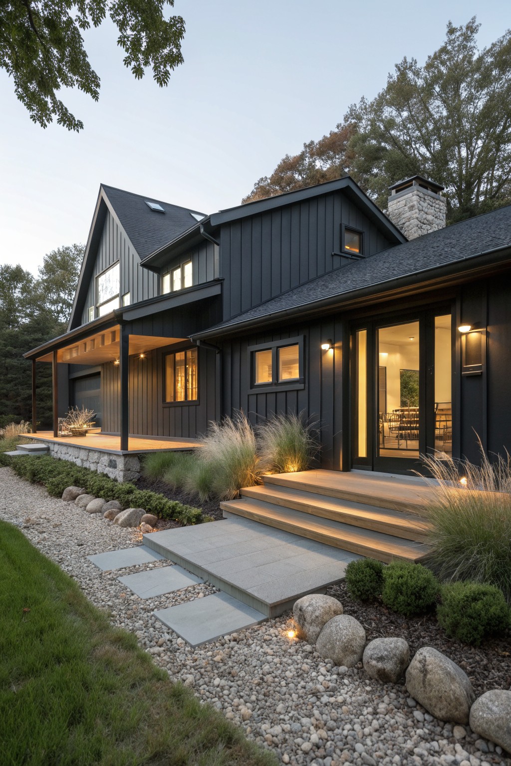 A modern ranch house with black siding, gabled roof, stone chimney, and wooden porch and steps, surrounded by landscaping and gravel paths.