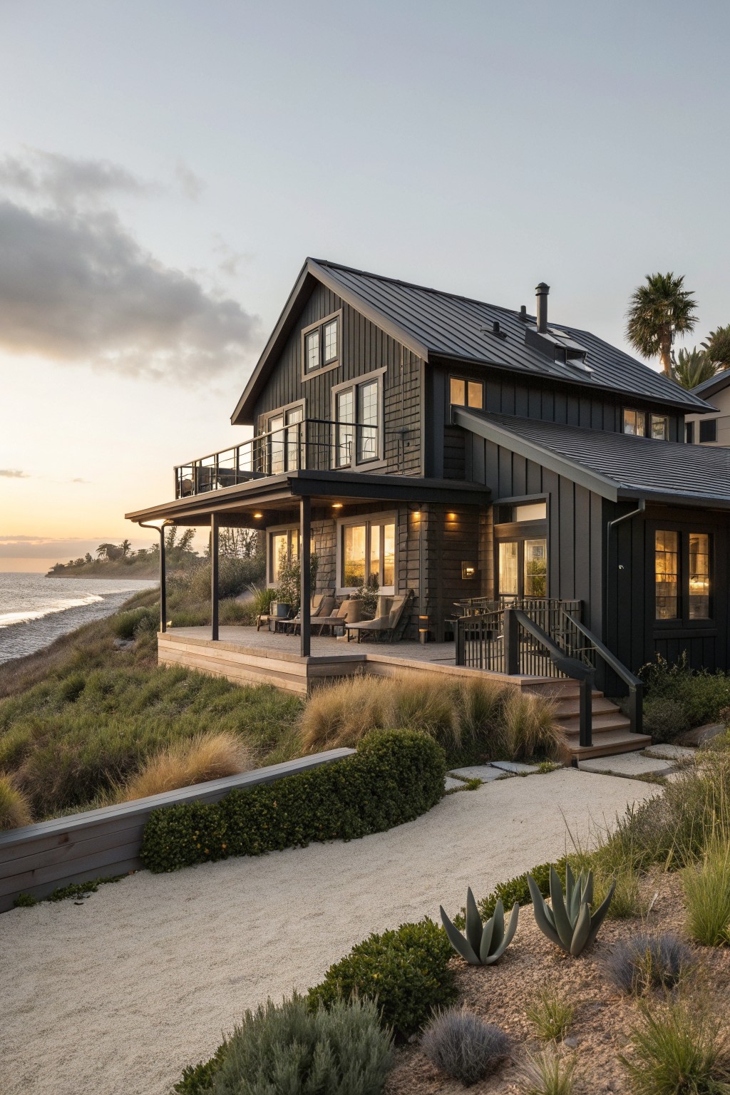A two-story dark-sided house with a large deck sits on a grassy bluff overlooking the ocean at dusk.