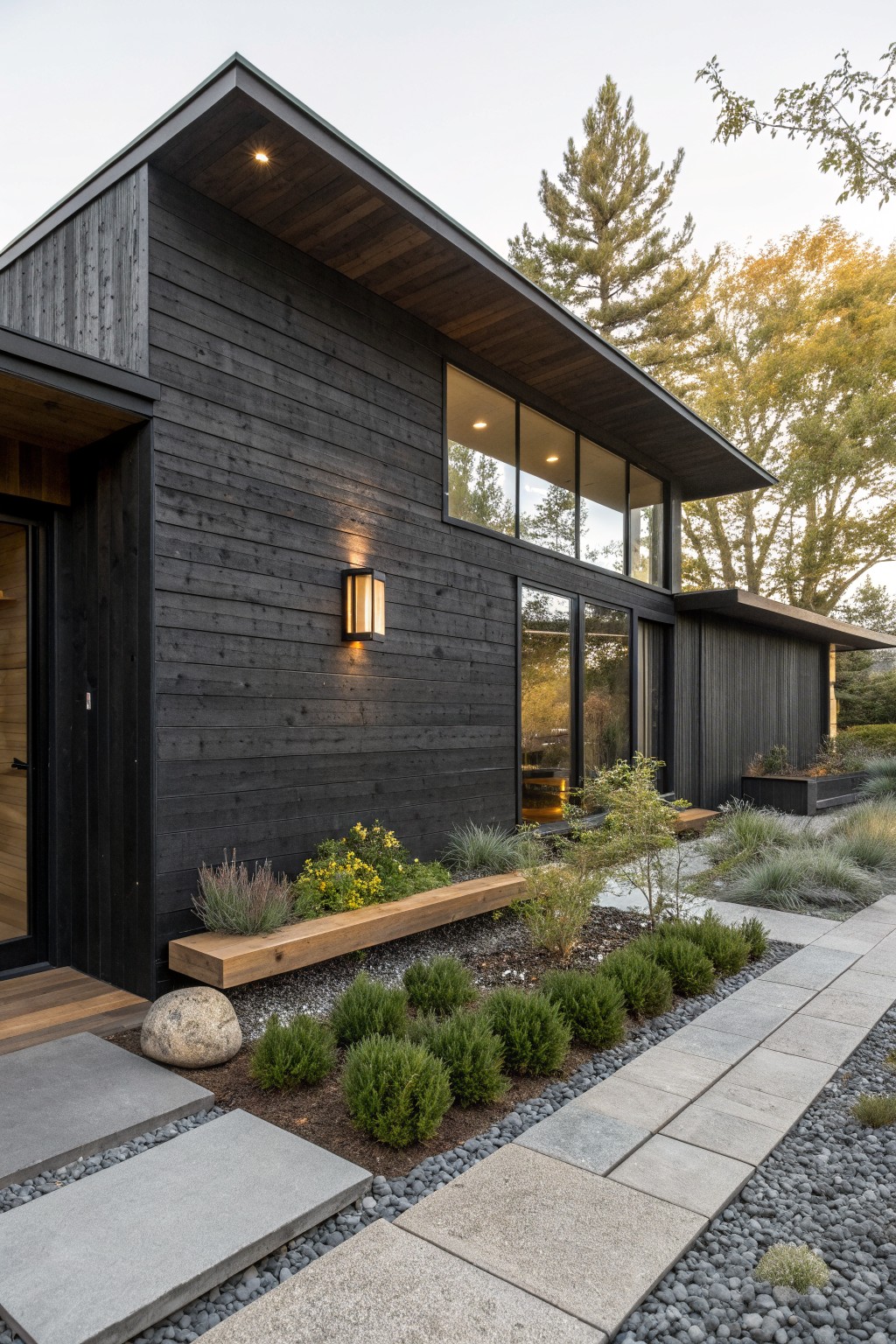 A modern ranch house with horizontal black wood siding, large windows, a front door, and a gravel and plant bed along the front.