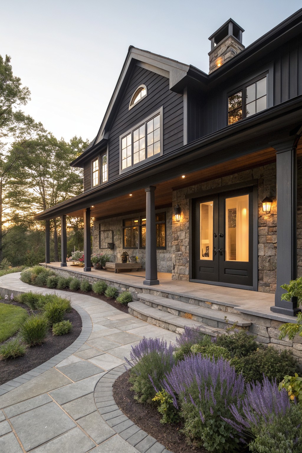 Dark house with stone facade, covered porch, double doors, and purple garden path.