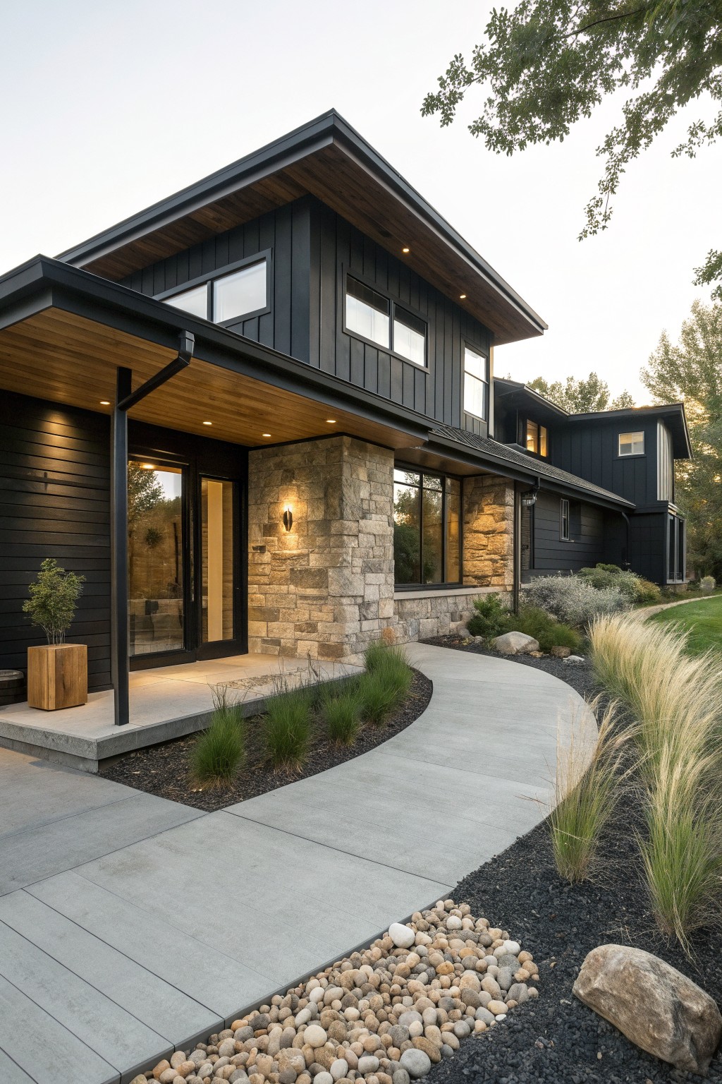 Modern black ranch house exterior with stone columns at the entry, wood soffits, and a curved concrete walkway.