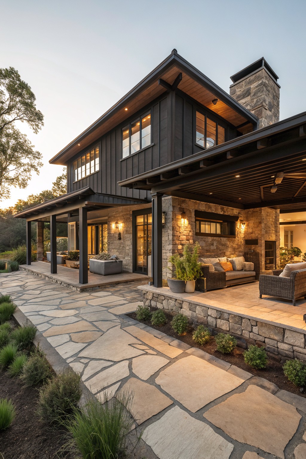 A two-story ranch house with black vertical siding, stone chimney and accents, large windows, and a covered stone patio with seating.