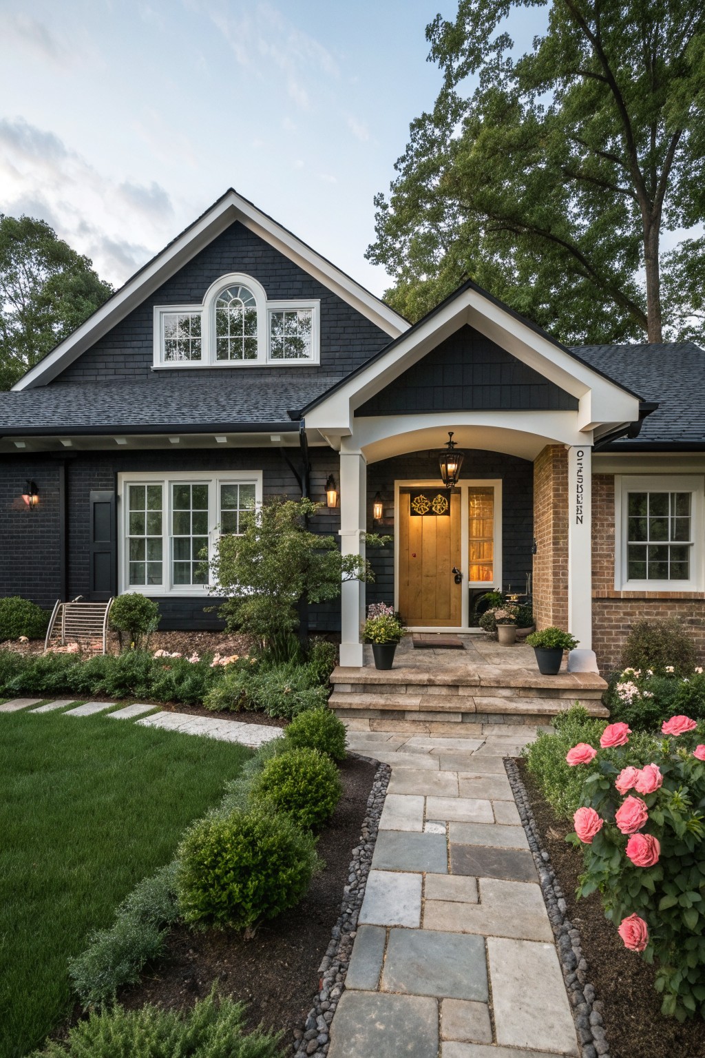 Dark-shingled house with white trim, arched window, stone path, and pink roses.