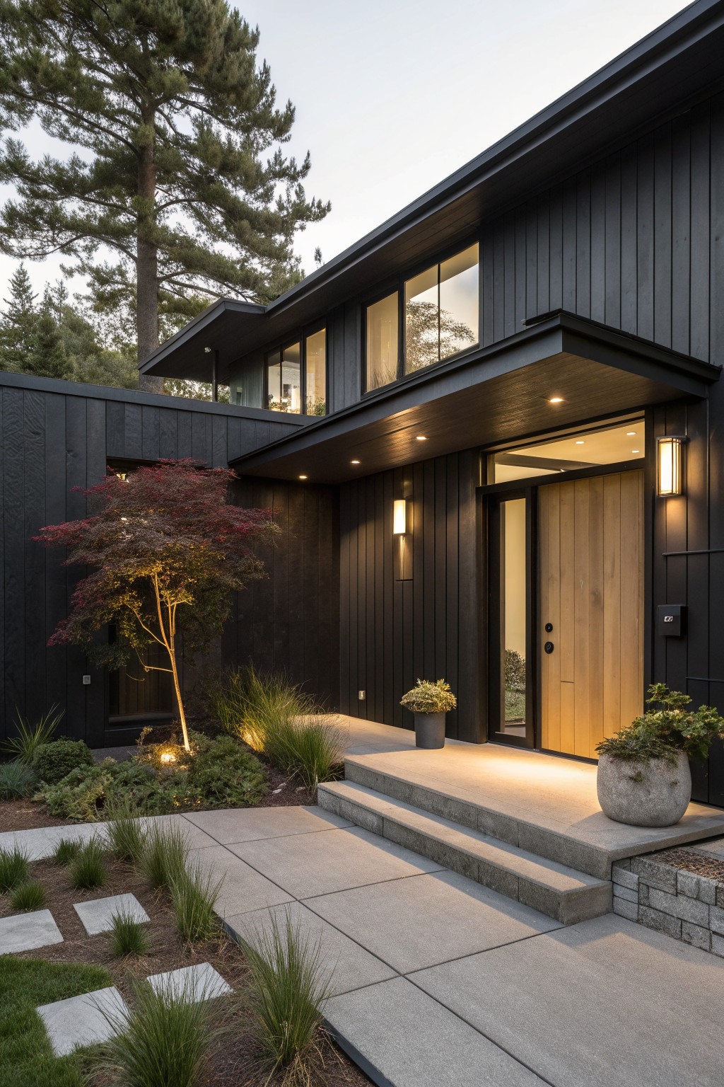 Modern dark house with wooden door, lit steps, potted plants, and garden