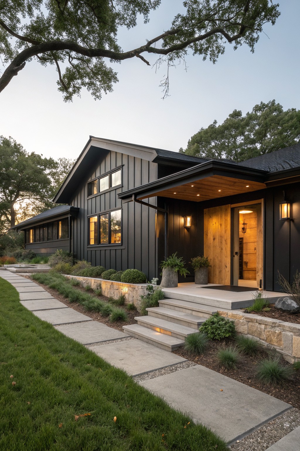 A single-story ranch house with dark gray siding, a wooden front door and ceiling under a covered entry, concrete steps, and surrounding landscaping.