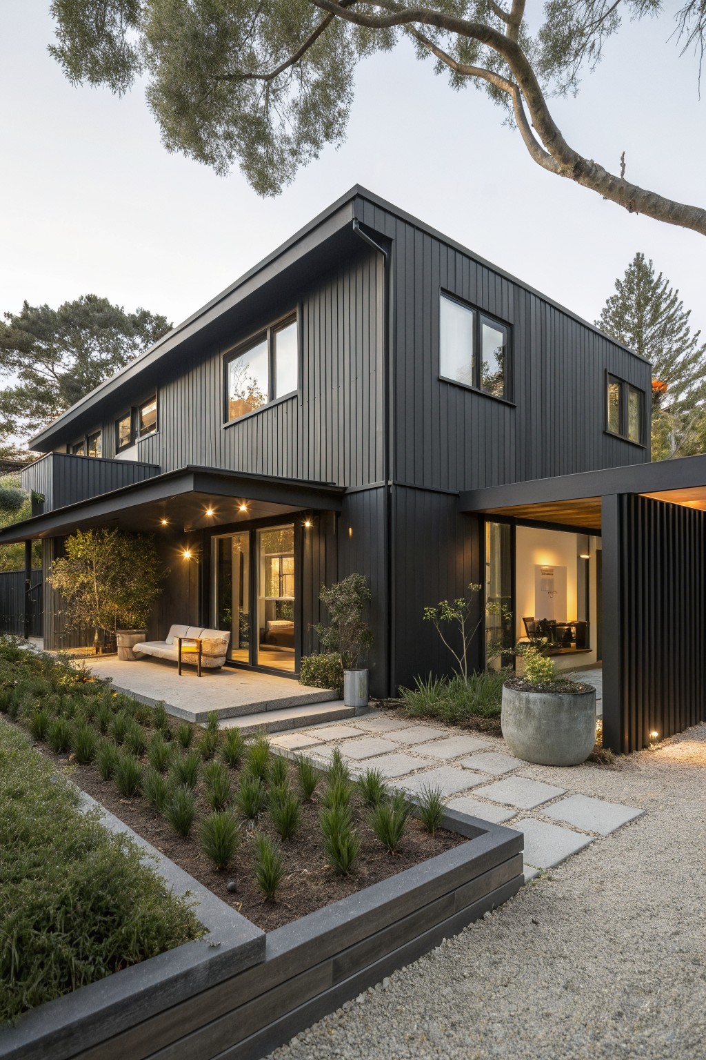 A modern two-story house with black vertical siding, large windows, a covered patio with seating, and landscaped front yard with stone paths and gravel.