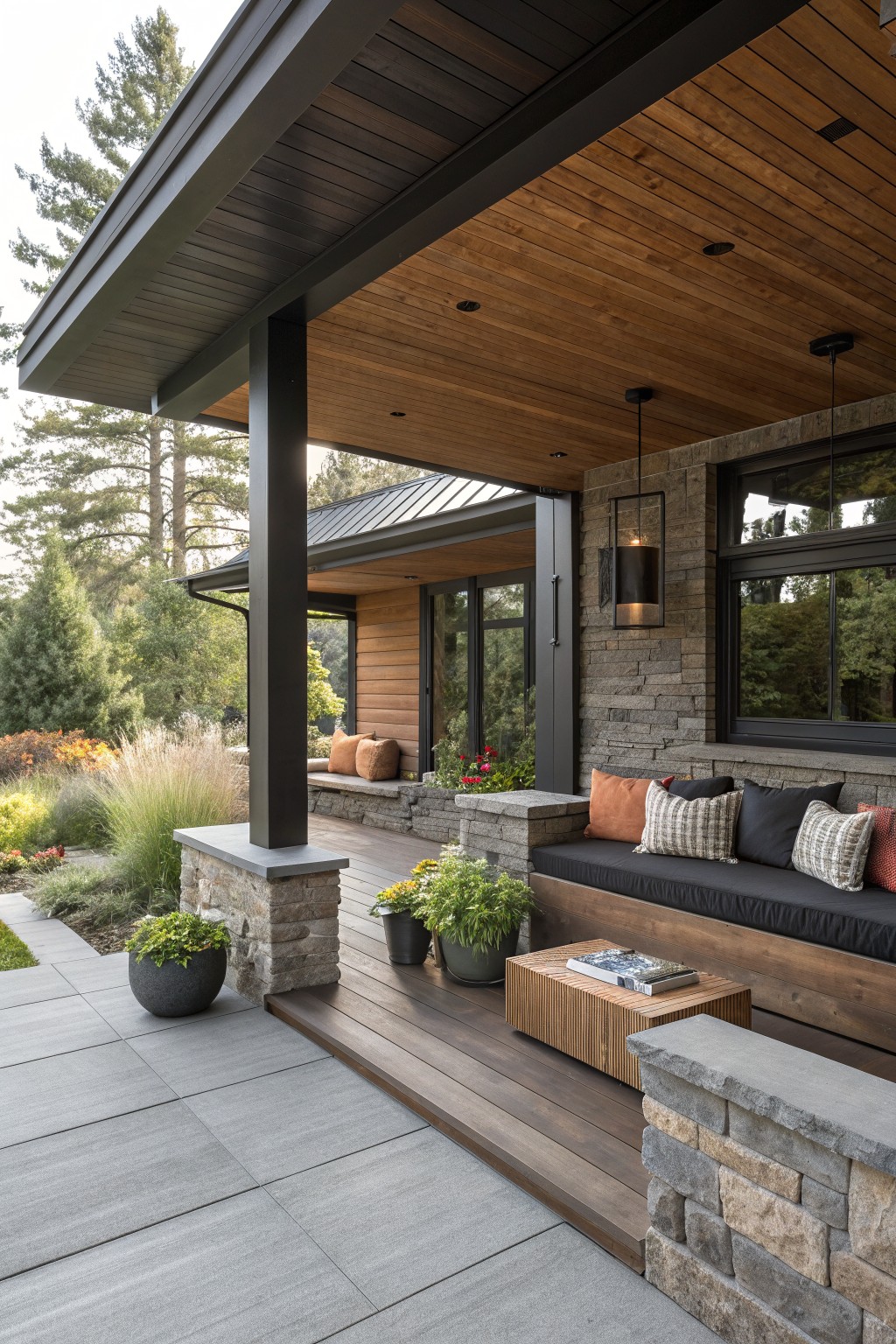 A covered porch on a ranch house with dark structural beams, built-in bench seating with cushions, stone walls, potted plants, and a wooden coffee table.