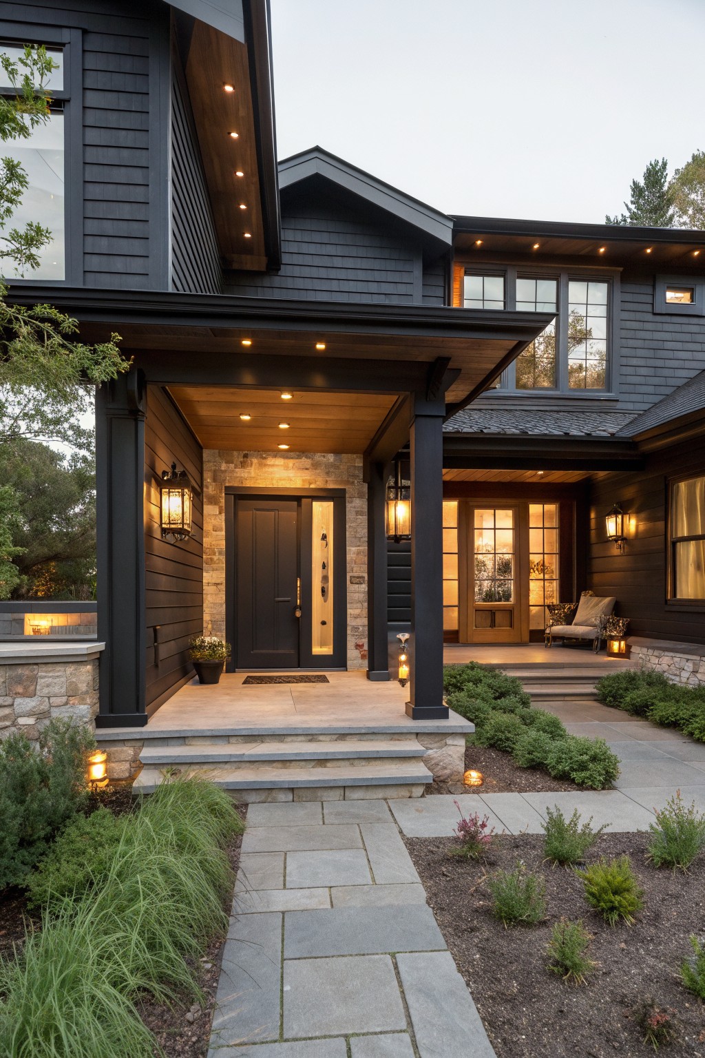 Modern dark house entrance with black door, covered porch, stone path, and evening lights.