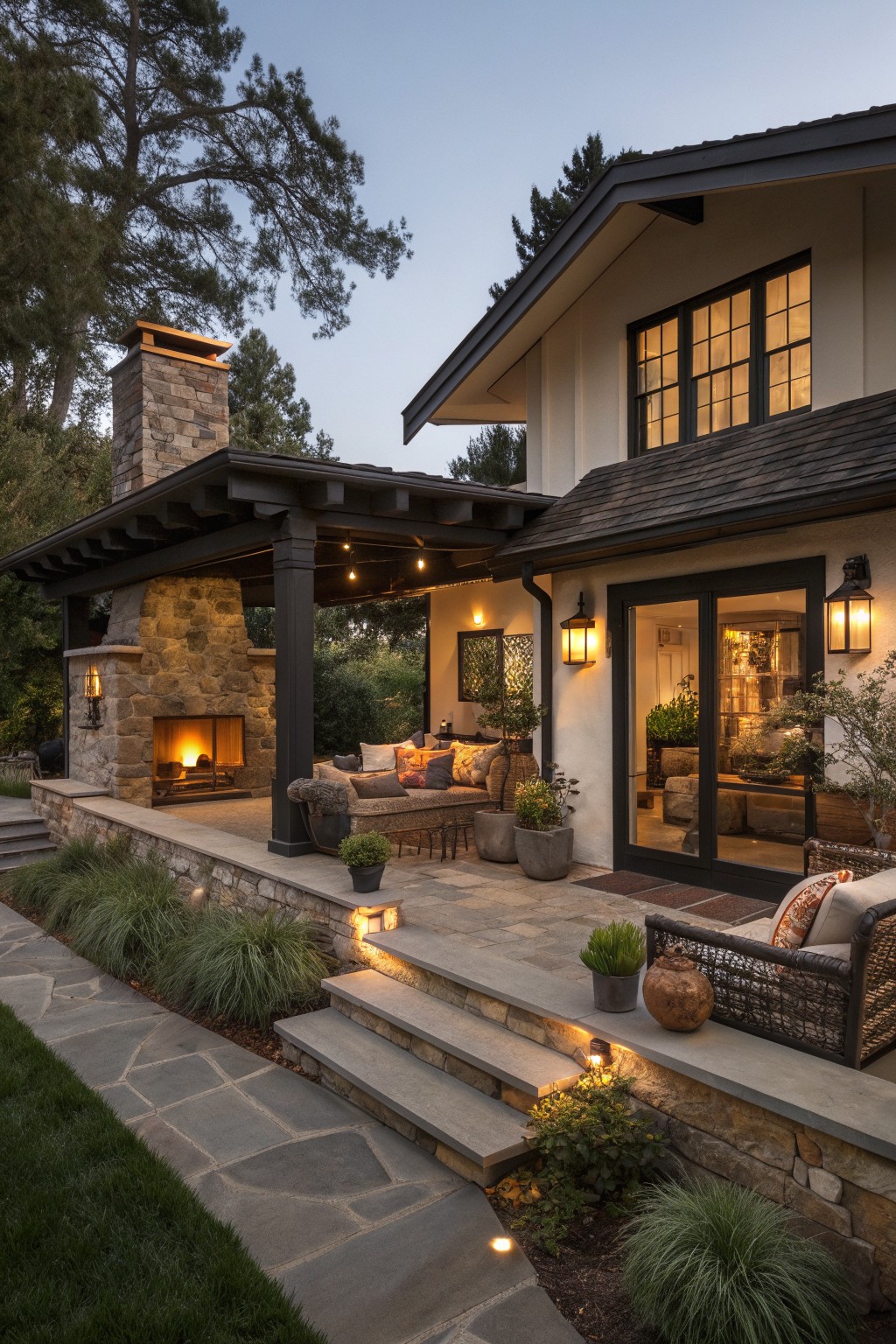 A ranch house exterior with a covered patio, stone fireplace, dark wood beams, outdoor seating, and stone steps leading to a pathway.