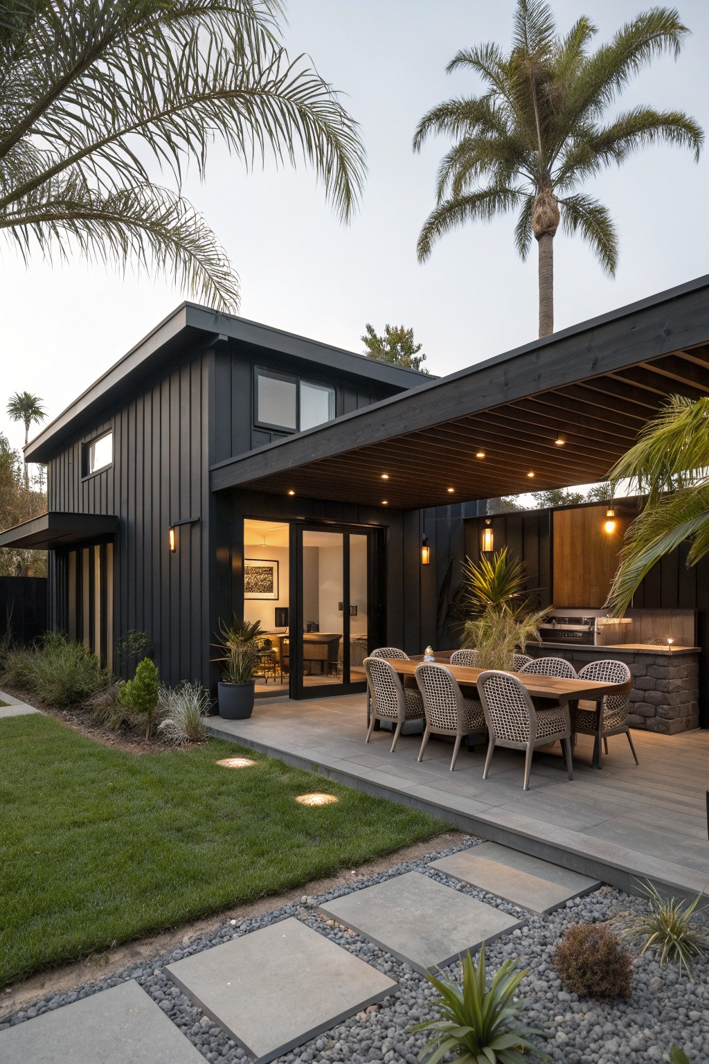 Modern black home with covered patio, dining table, outdoor kitchen, and palm trees.
