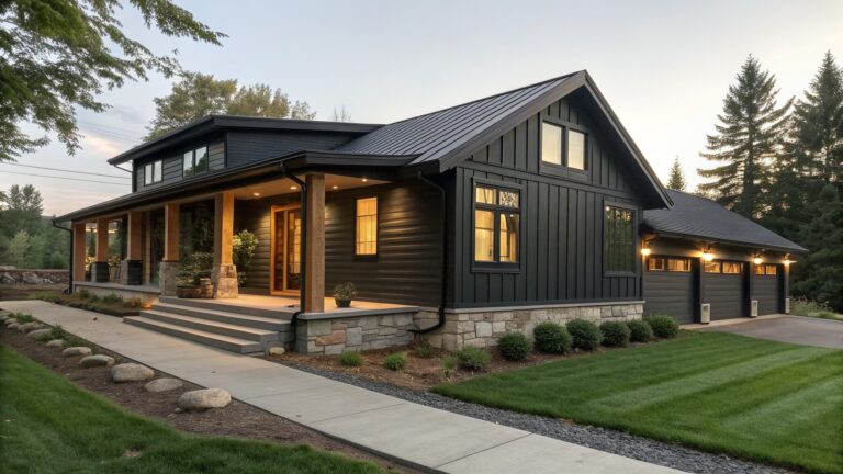A single-story ranch house with dark gray siding, a wooden front door and ceiling under a covered entry, concrete steps, and surrounding landscaping.