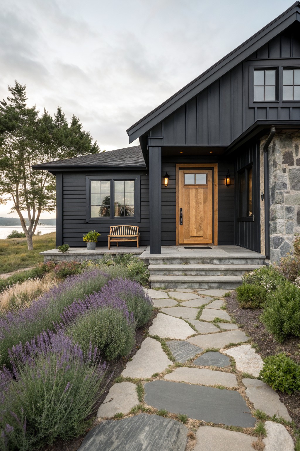 A black ranch house exterior with a centered wooden front door, stone foundation on one side, and a stone pathway leading to the steps.