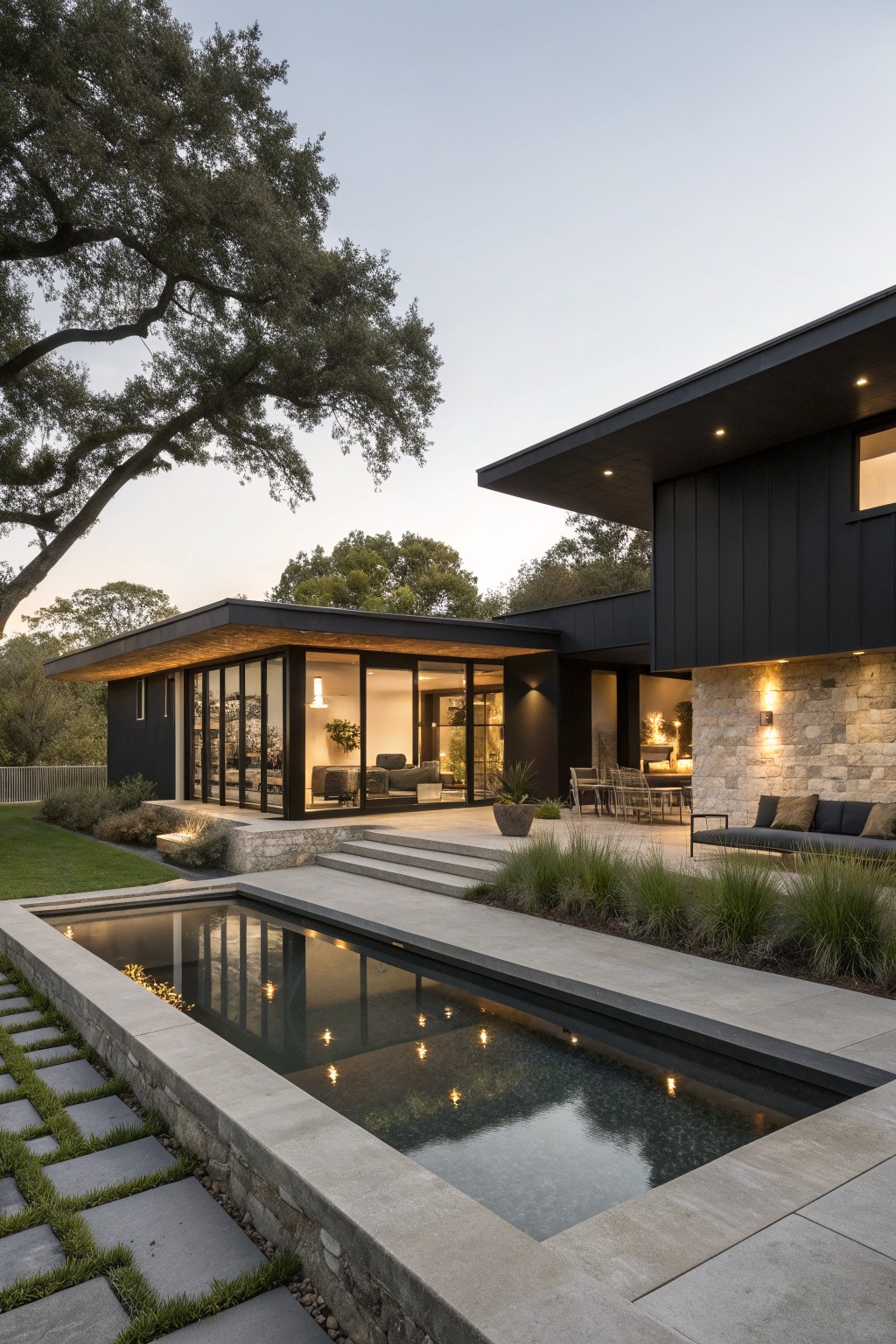 Modern black house with illuminated rectangular pool, stone patio, and trees at dusk