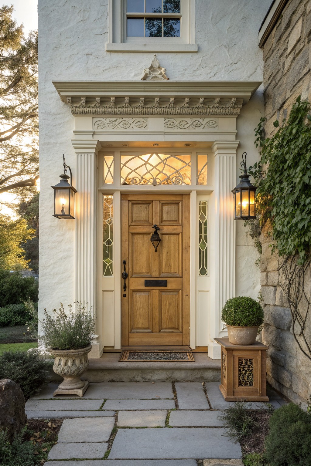 Front view of a white house entrance featuring a wooden double door, arched transom window, glass sidelights, and two lit black lanterns mounted on white columns.