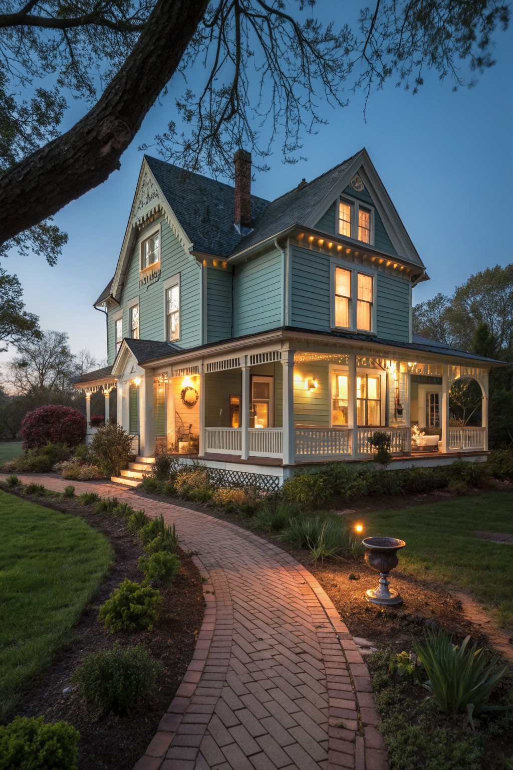 A two-story light teal Victorian farmhouse at dusk with string lights along the porch and roofline, a brick path leading to the steps, and lit windows on both floors.