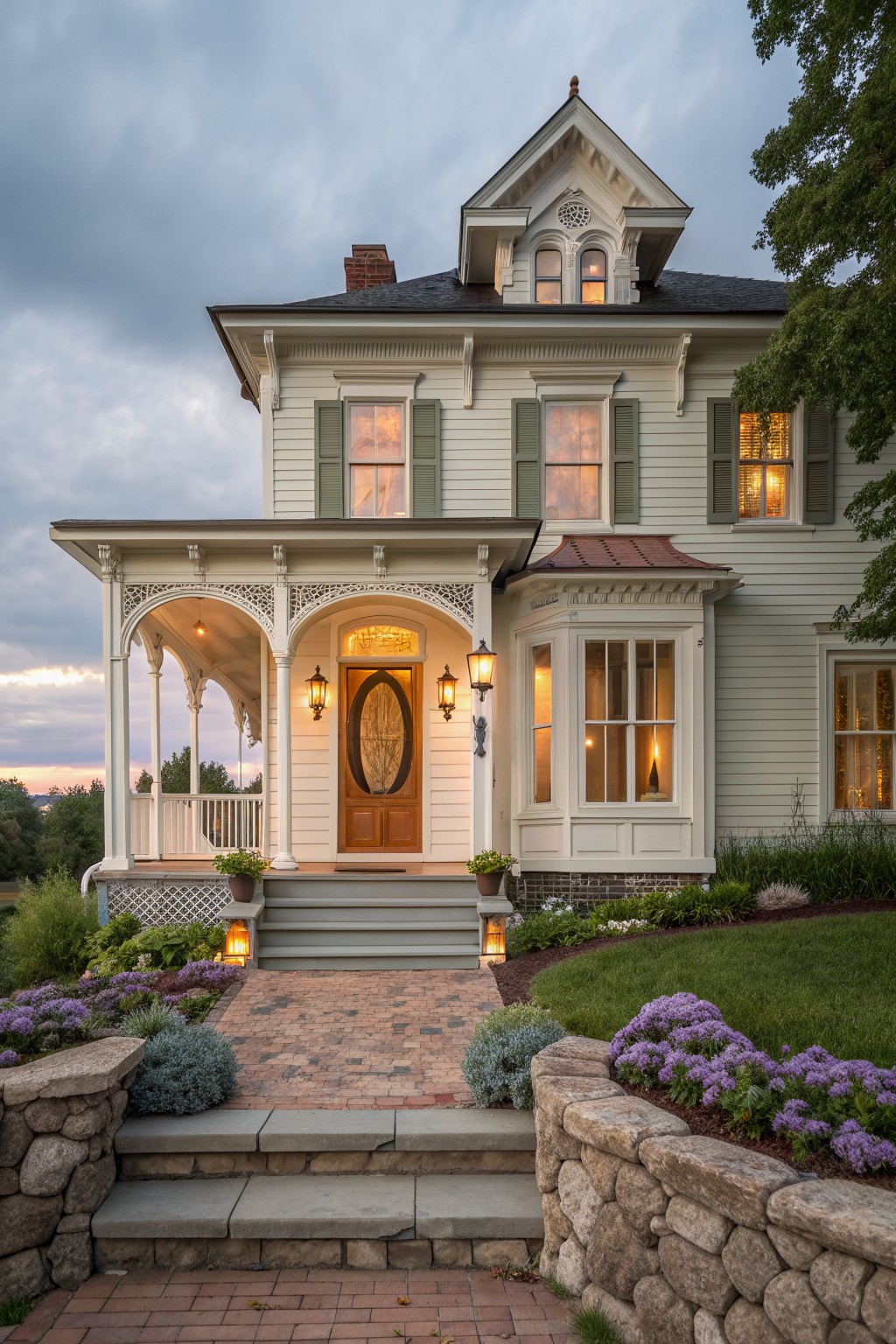 A two-story white Victorian farmhouse with a prominent front porch, arched openings, green shutters, and a brick path leading to stone steps.