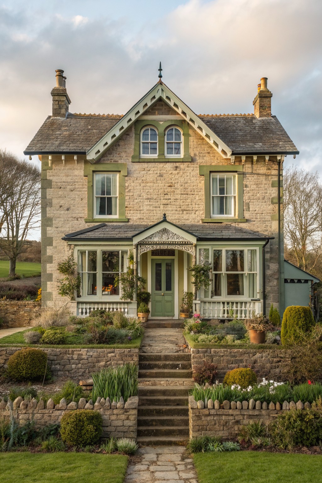 Stone house with green door, windows, garden, and stone entrance steps
