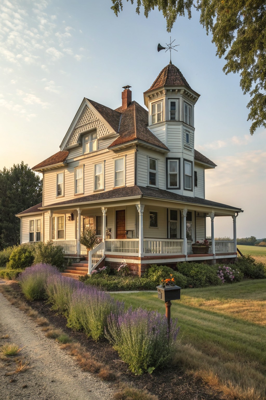 A white Victorian farmhouse exterior featuring a prominent octagonal tower, steep gabled roofs, multiple windows, and a wide wraparound porch set amid gardens and open fields.