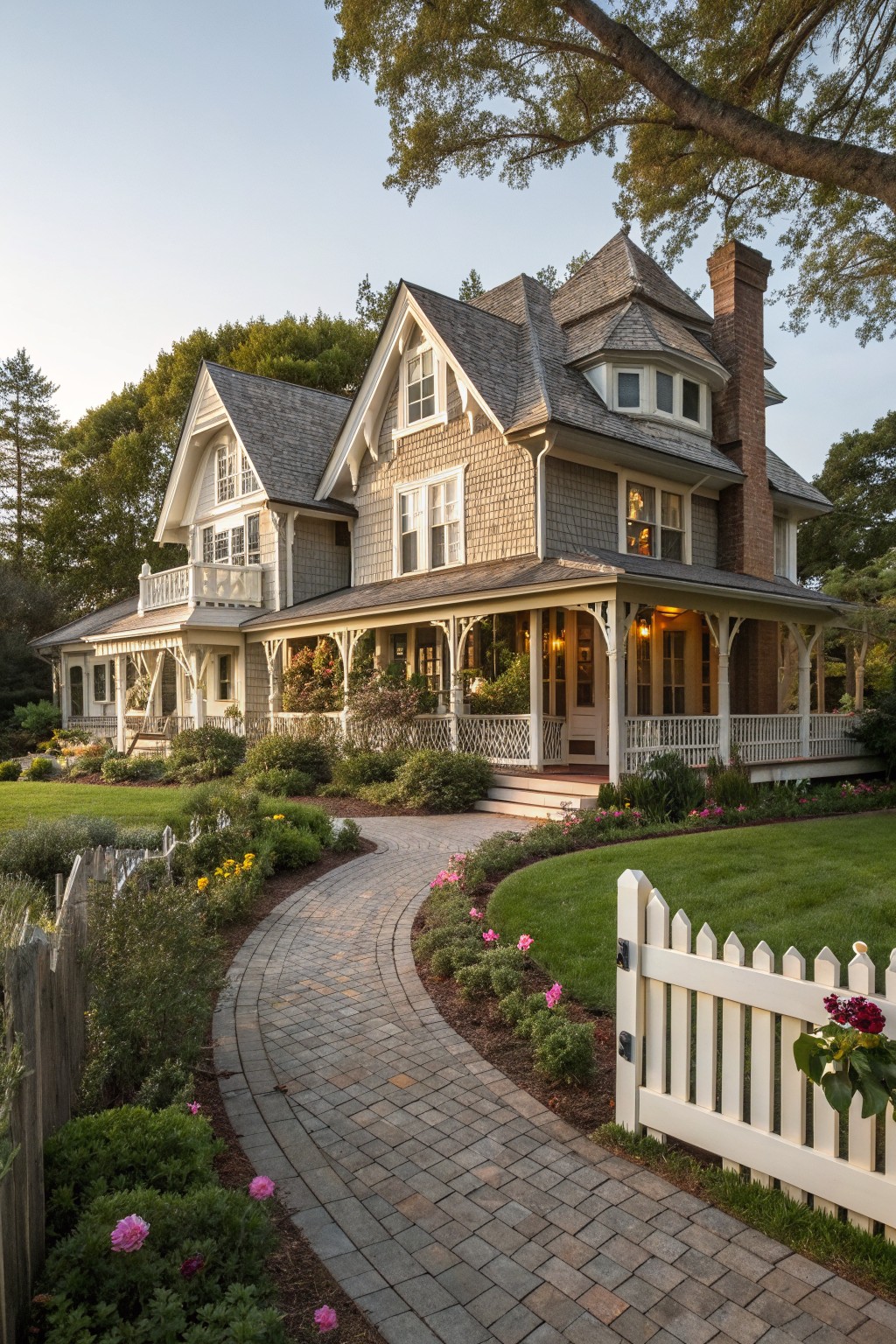 Elegant gray Victorian house with white porch, brick pathway, and picket fence garden.