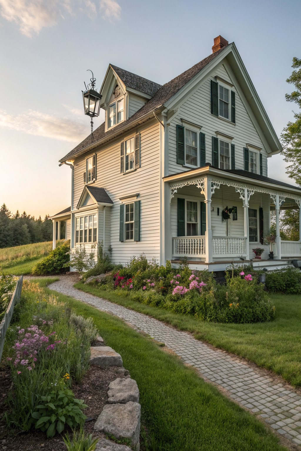 A white Victorian farmhouse with dark green shutters, a front porch, and a cobblestone path through a garden.