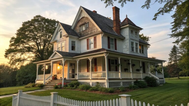 22 Beautiful Historic Victorian Farmhouse Exteriors That Preserve Original Curb Appeal White Victorian house with wraparound porch, red chimney, and picket fence at sunset