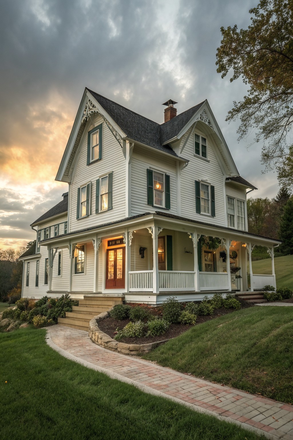 Grand white Victorian house with green shutters and glowing porch at sunset