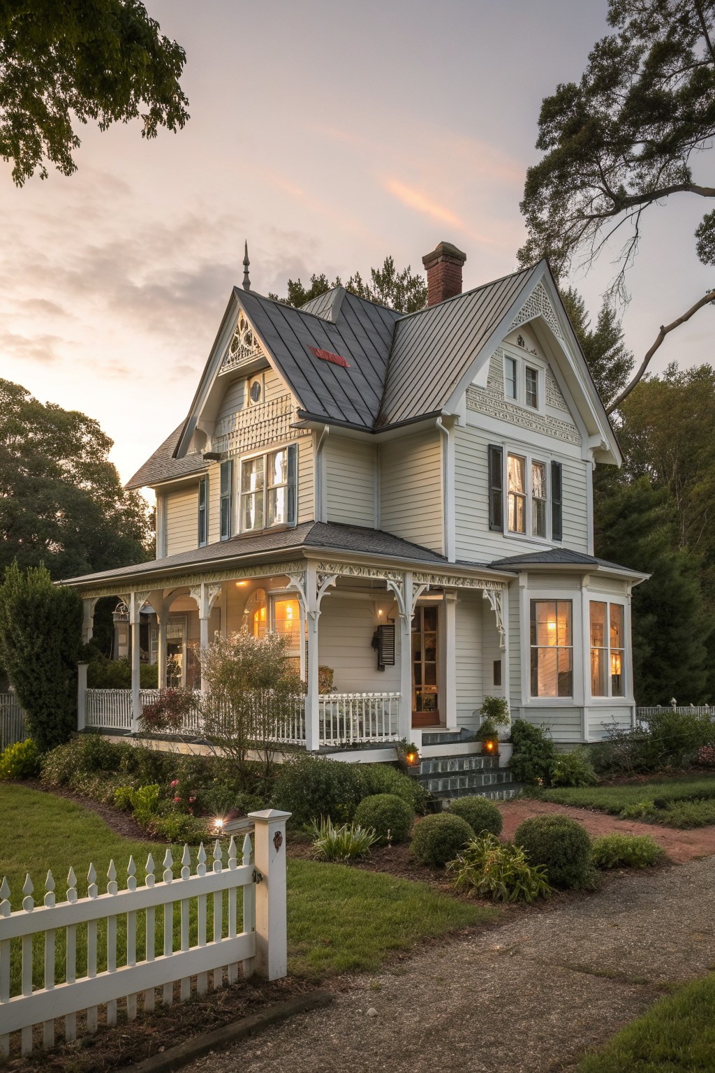 A white Victorian farmhouse exterior with dark metal roof, ornate white trim on gables and wraparound porch, set against trees and a white picket fence at dusk.