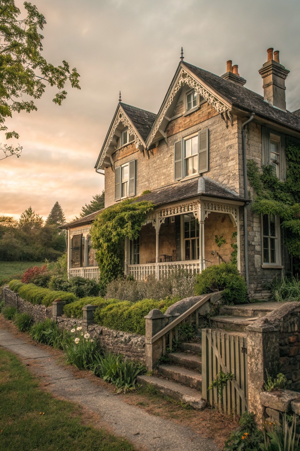 A large Victorian stone house with wood accents, steep gables, ornate white trim, a covered porch, and a stone pathway leading to the front steps.