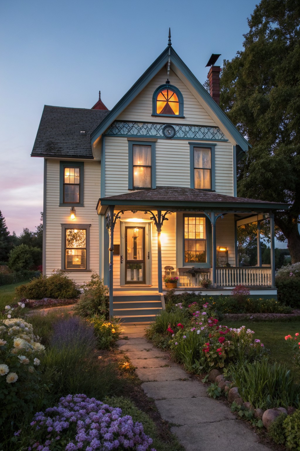 A two-story Victorian farmhouse with cream siding and teal trim features a front porch with decorative brackets, a central door, and a stone path through a landscaped garden at dusk.